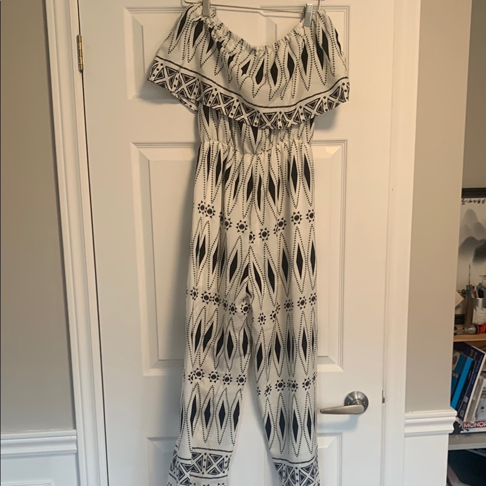 Geometric Black and White Off-Shoulder Jumpsuit